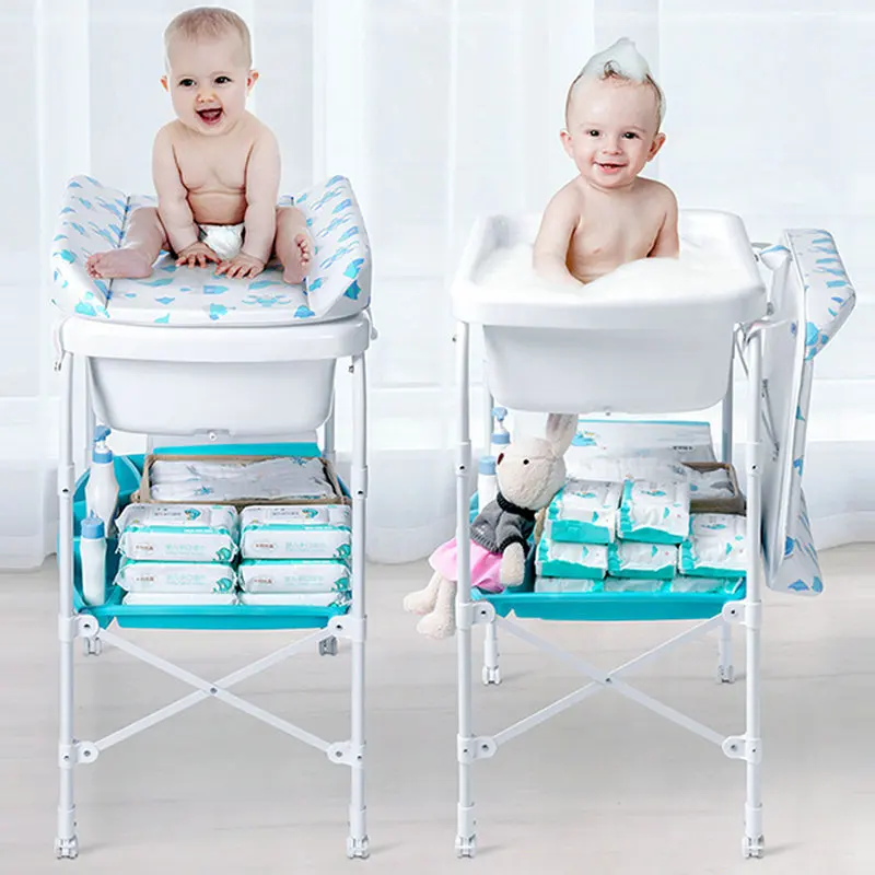 2 in 1 Baby Diaper Changing Table With Wheels, White – Portable Nursery Station & Bathtub Combo