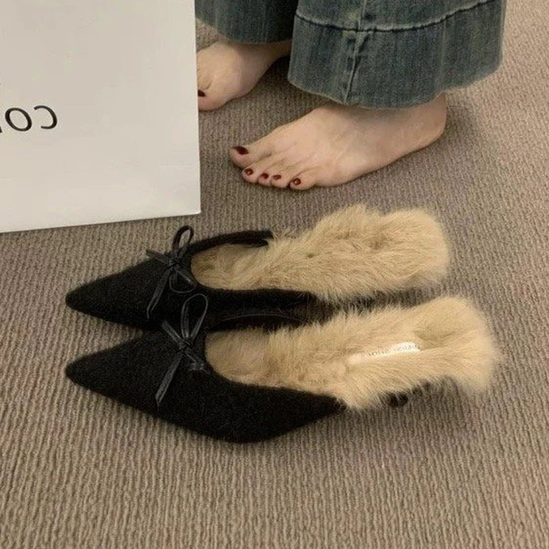 ポインテッドトゥ ファー スリッパ レディース リボン ハイヒール シューズ ミュール 2025 冬 デザイナー 新作 スリングバック ショートプラッシュ シューズ ビーチサンダル