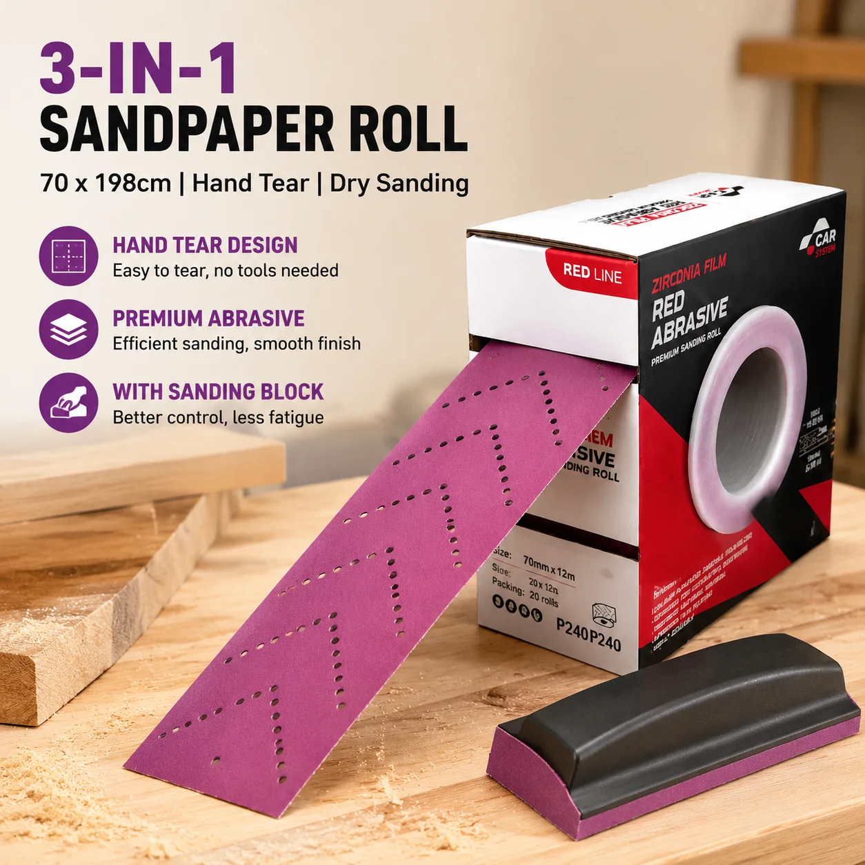3-in-1 70x198cm Hand Tear Sandpaper Roll Purple Abrasive Sheet with Sanding Block for Dry Sanding