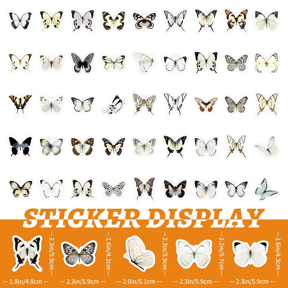 10/52Pcs Vintage Aesthetic White Butterfly Stickers Pack Suitcase Stationery Skateboard Guitar DIY Sticker Journal Accessories