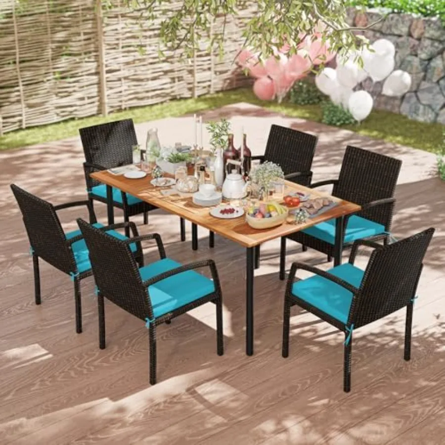 

7 Pieces Outdoor Dining Set, Patio Acacia Wood Table and PE Rattan Chairs with Soft Cushions and 2" Umbrella Hole for Deck, Gar