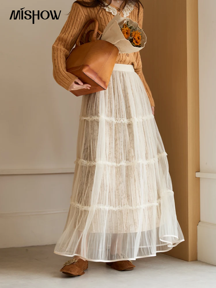 MISHOW المشمش شبكة تنورة للنساء 2025 الخريف الشتاء جديد تخفيف الخشب الأذن حافة المخملية المطبوعة الربط تنورة طويلة MXE47B2440