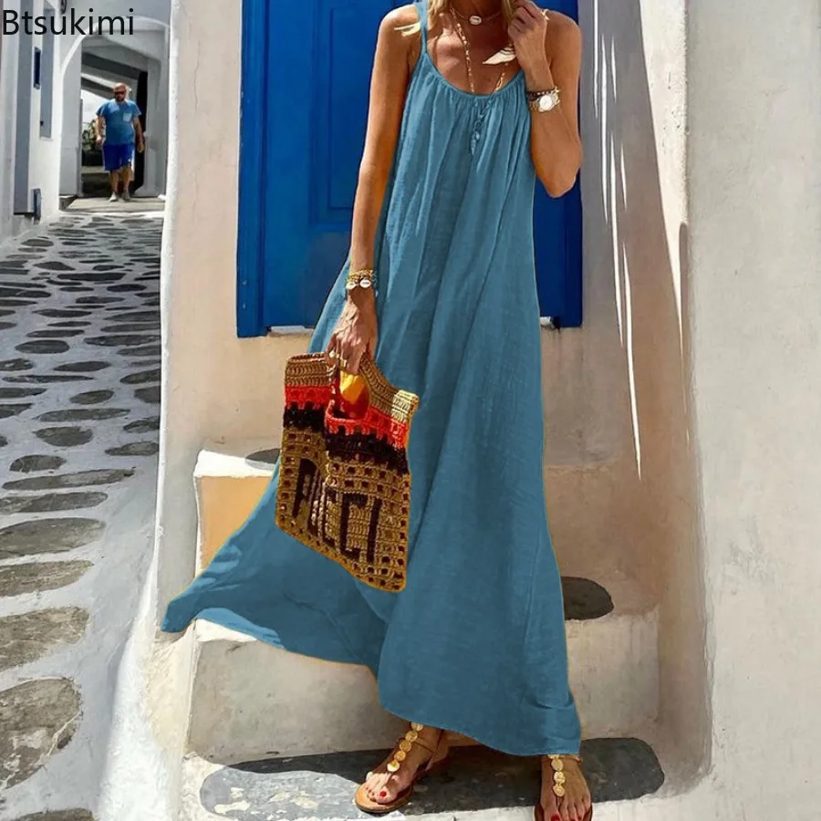 Verão feminino sem mangas solto praia vestido longo sólido férias praia tanque vestido até o chão algodão linho maxi vestido