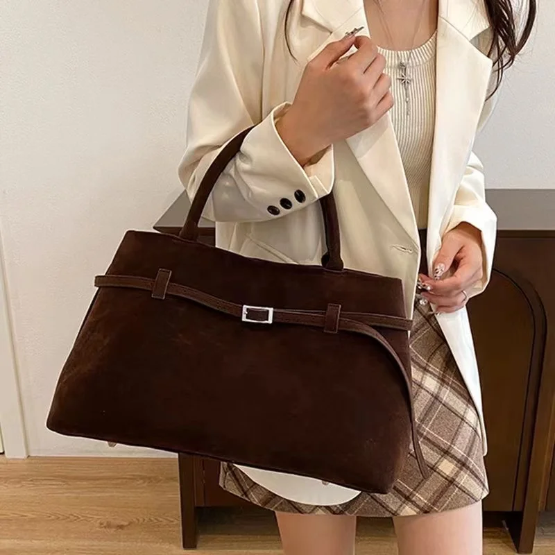 Bolsos grandes de gamuza sintética para mujer, bolsos de hombro femeninos de diseñador, bolsos casuales Vintage de estilo inglés, paquetes de dama elegantes sólidos