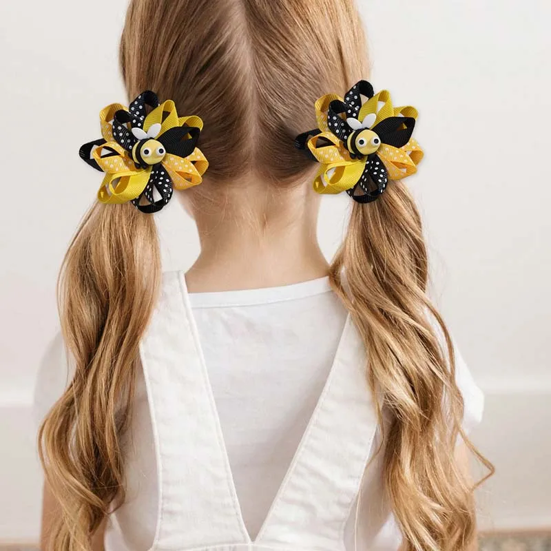 ncmama 2Pcs Bee Ladybug Flower Hair Clip Ribbon Flower Hairpin for Kids Girls Cute Dot Print Barrettes Headwear Hair Accessories