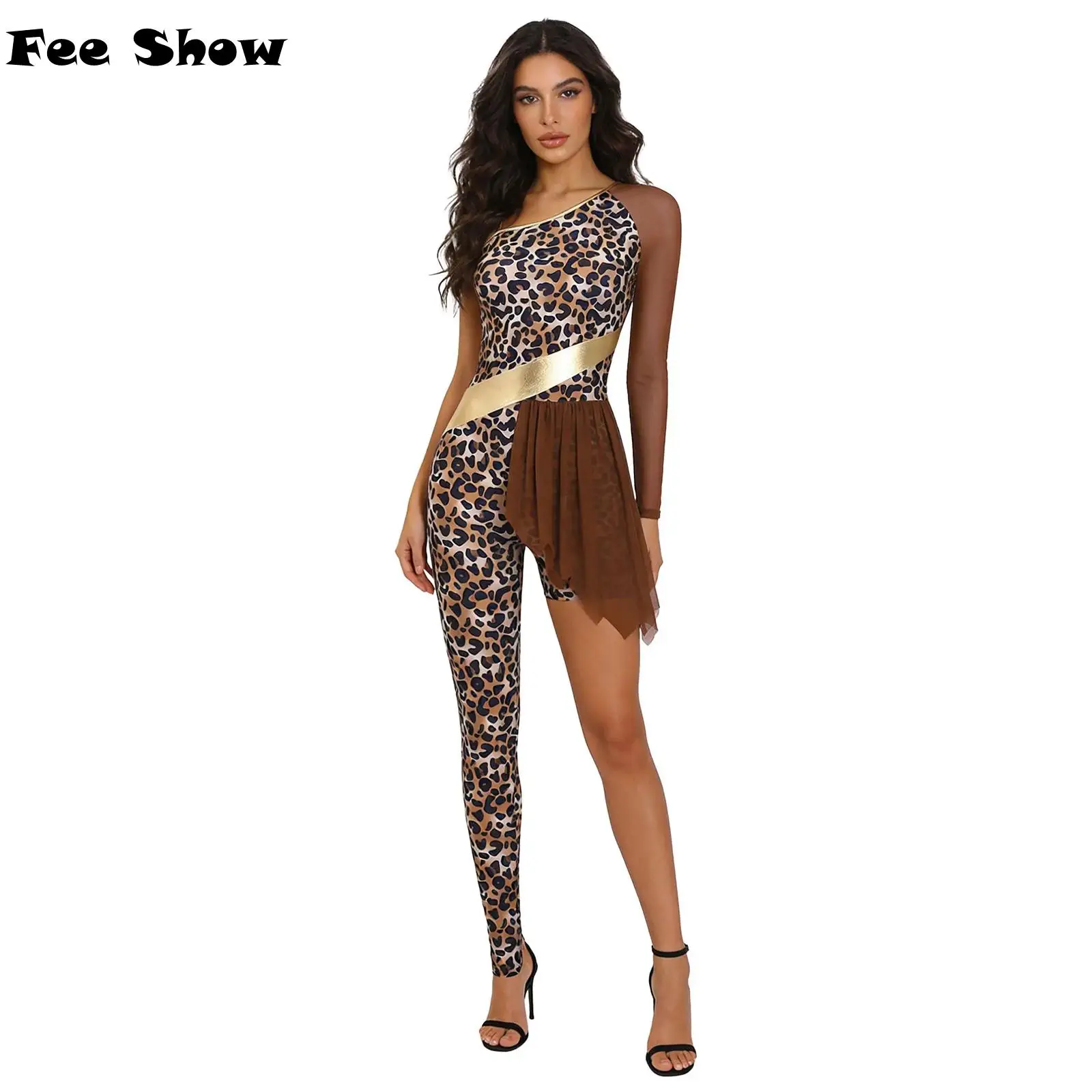 Traje de cosplay de mujer de la tribu histórica, habitante de la cavidad, ropa de ballet, mono de un solo hombro con estampado en las piernas