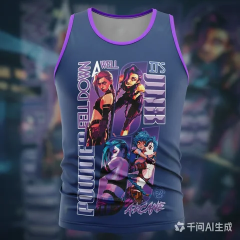 Arcane Jinx Powder Anime Character Panel Print Men Navy Purple Trim Sleeveless Casual Gym Streetwear Workout Tank Top