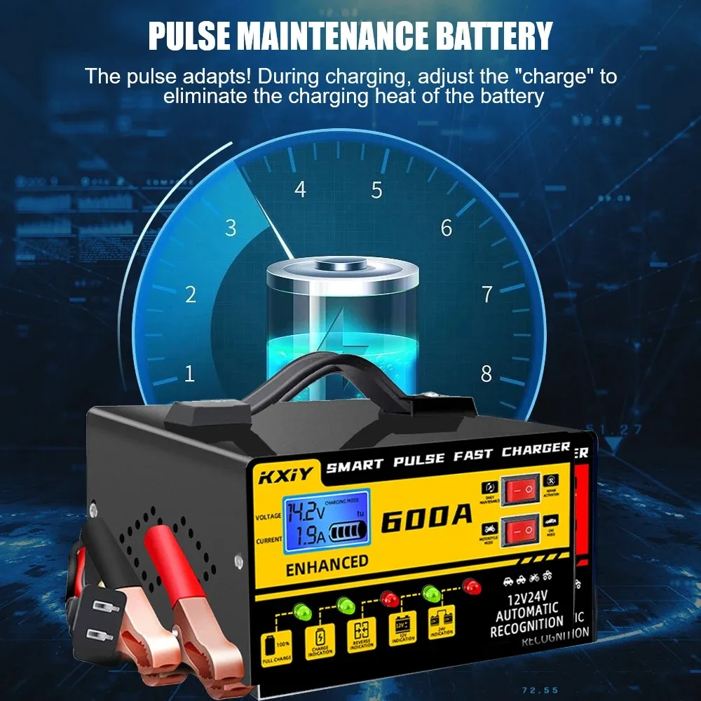 FESTBERG 600A Intelligent Car Battery Charger 12V 24V Pulse Repair LCD Display Voltage Temp Detection Auto Stop For BMW Tools