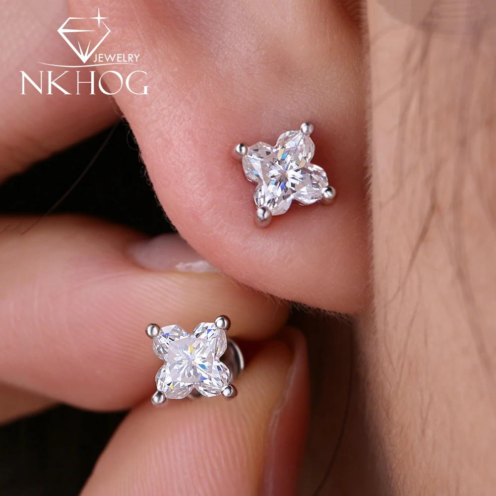 NKHOG 4/5mm Moissanite Stud Earrings For Women 925 Sterling Silver Lab Diamond Clover Ear Stud 18K Plated Fine Jewelry Certified
