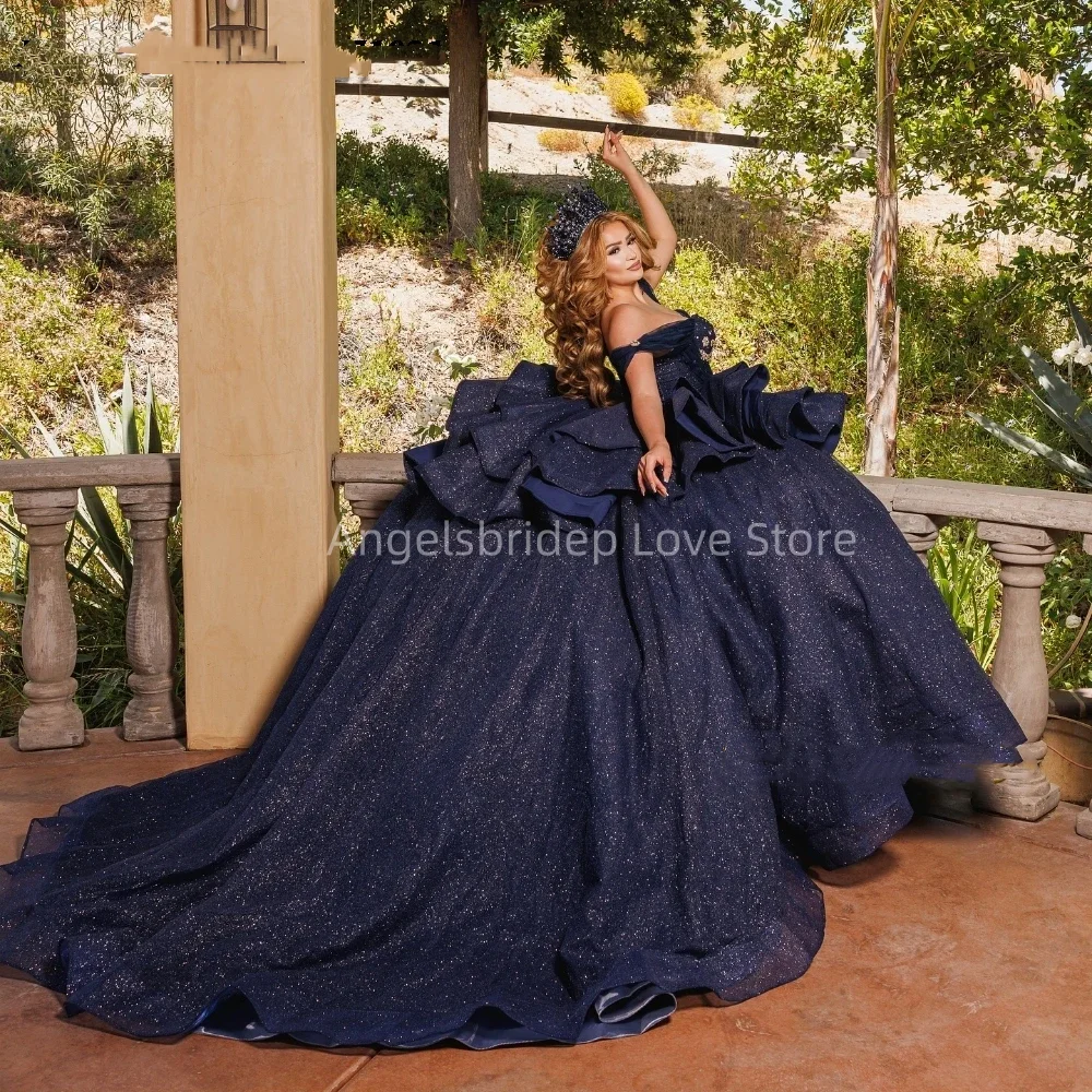 Angelsbridep Glitter Tulle Navy Blue Ball Gown 15 Year Old Quinceanera Dresses Birthday Prom Party Dress Vestidos De Fiesta