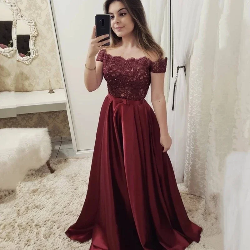 Off-Shoulder Long Evening Party Gowns Vestidos De Festa Sexy Applique Beading Satin Formal Prom Dresses Plus Size