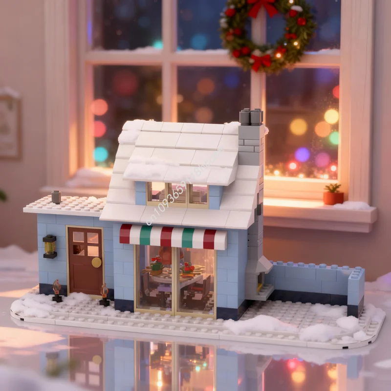 

403 детали MOC: Сезонная зимняя горная вилла, модель из строительных блоков, архитектурная игрушка, рождественский подарок, креативное развивающее средство