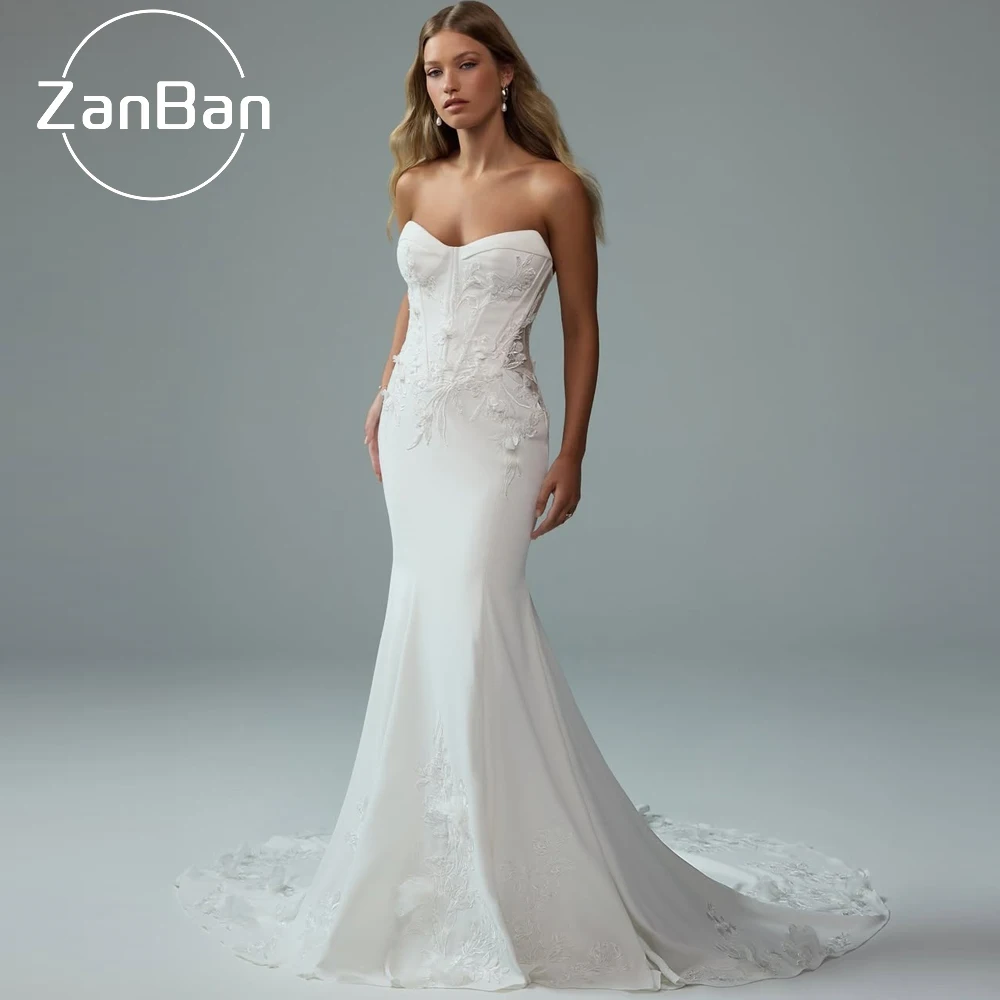 ZanBan Customised 2026 New Lvory Sweetheart Satin Applique Wedding Dress Pleat Floor Length Saudi Arab Bridal Gown Court Train