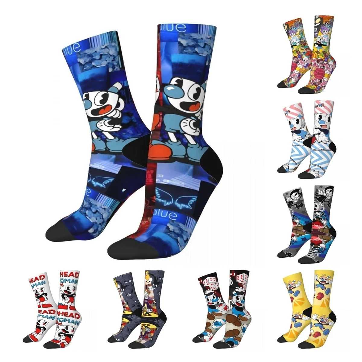 Crazy Design Cuphead Video Game Football Socks Polyester Crew Socks for Unisex Non-slip