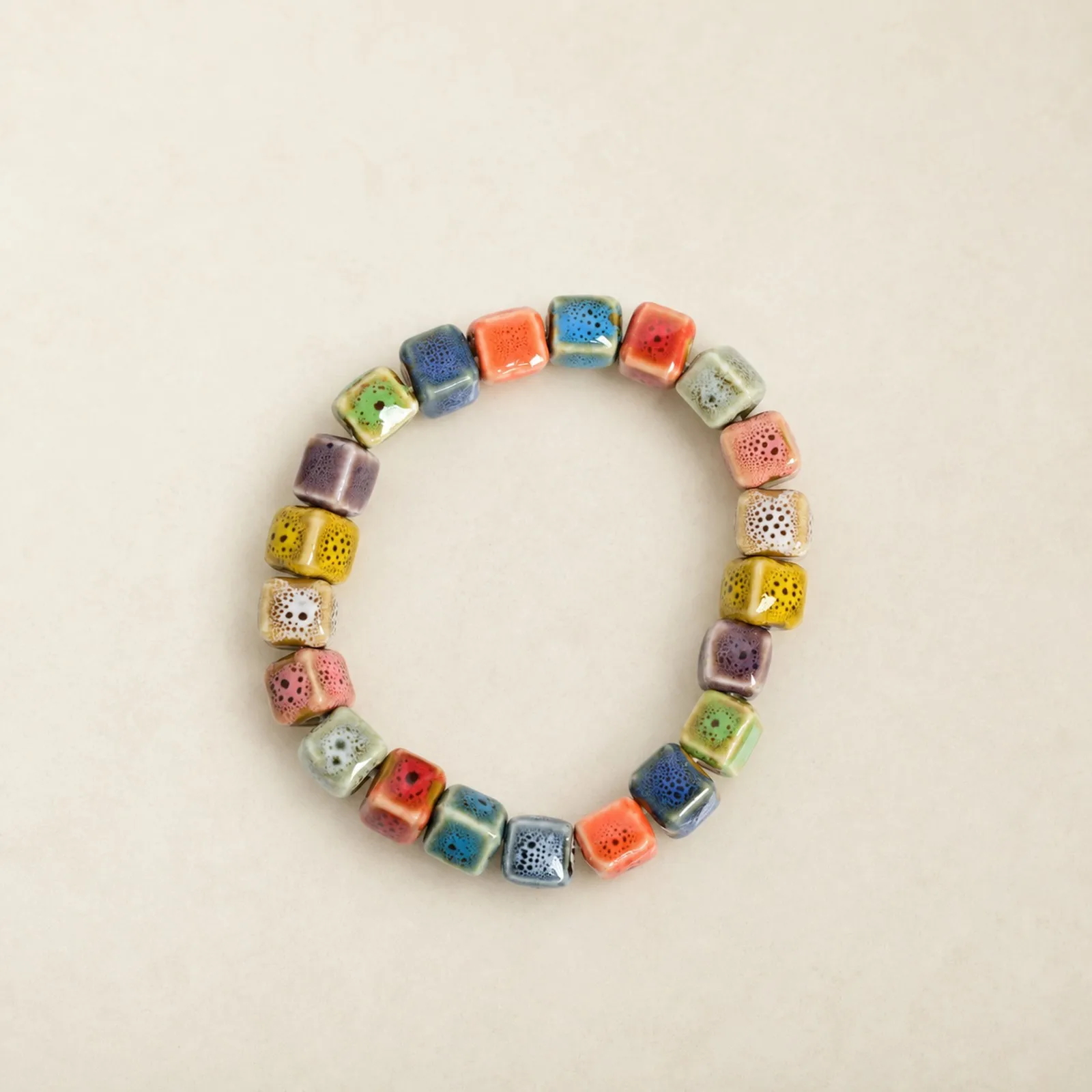 Handmade Ceramic Bead Stretch Bracelet with Colorful Square Beads and Random Colors Handwoven Elastic Cord Y260705-20