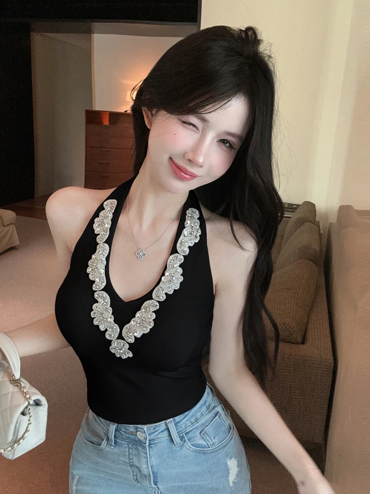 Sexy Slim Fit Deep V-Neck Diamond Detail Halter Top Base Layer Shirt for Trendy Girls Short Sleeve  Color Summer Outfit