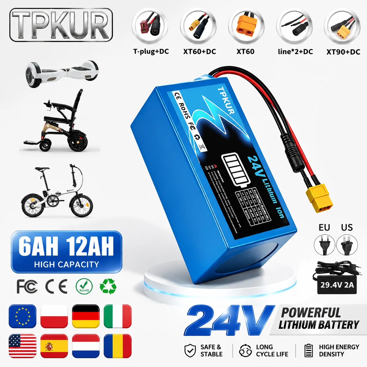 24V 7S 2P 4P 6Ah 12AH Lithium Battery Pack 18650 Rechargeable Battery Suitable for Electric Scooters, Wheelchairs, and Chargers