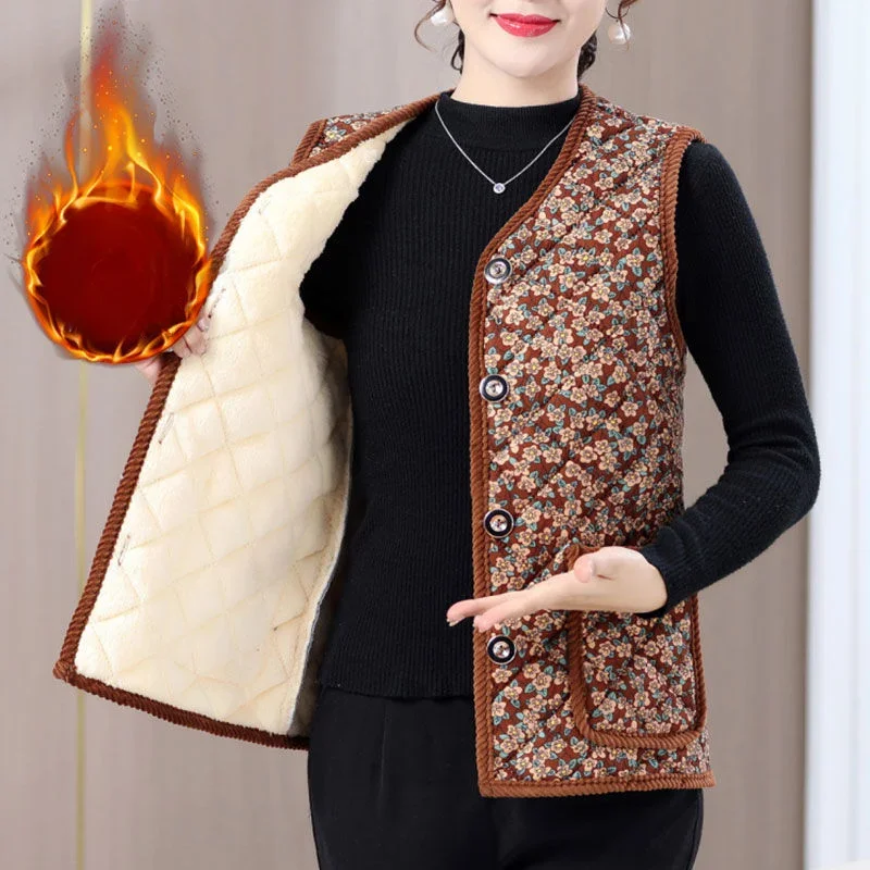 Vrouwen van middelbare leeftijd Winter Prairie Chic Plus Fleece Dikker Afdrukken V-hals Mouwloos Comfortabel Thermisch Casual Onderlaags Vest