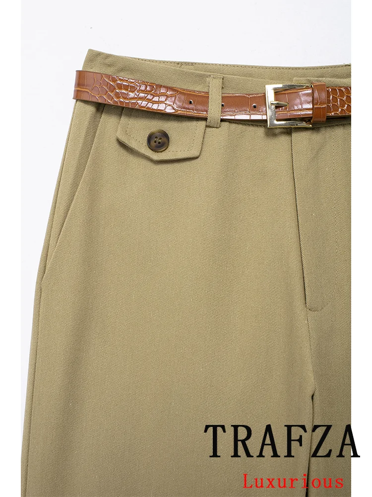 Trafza Vintage Casual Chic Damesbroek Effen Sjerpen Zakken Rechte Losse Broek Nieuwe Mode 2024 Lente Zomervakantiebroek