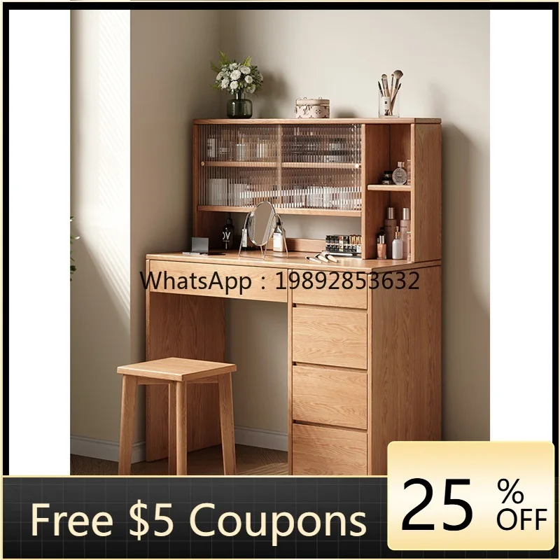 LYY Nordic Solid Wood Dressing Table Small Apartment Storage Rack Desk Integrated Simple Modern Natural Wood Style Makeup Table