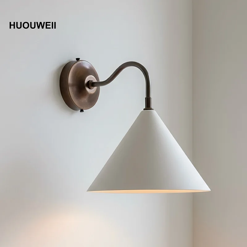 Retro Bronze White Tapered Wall Lamp Simple Bedroom Bedside Lamp All Copper Living Room Background Lamp Interior Decoration Lamp