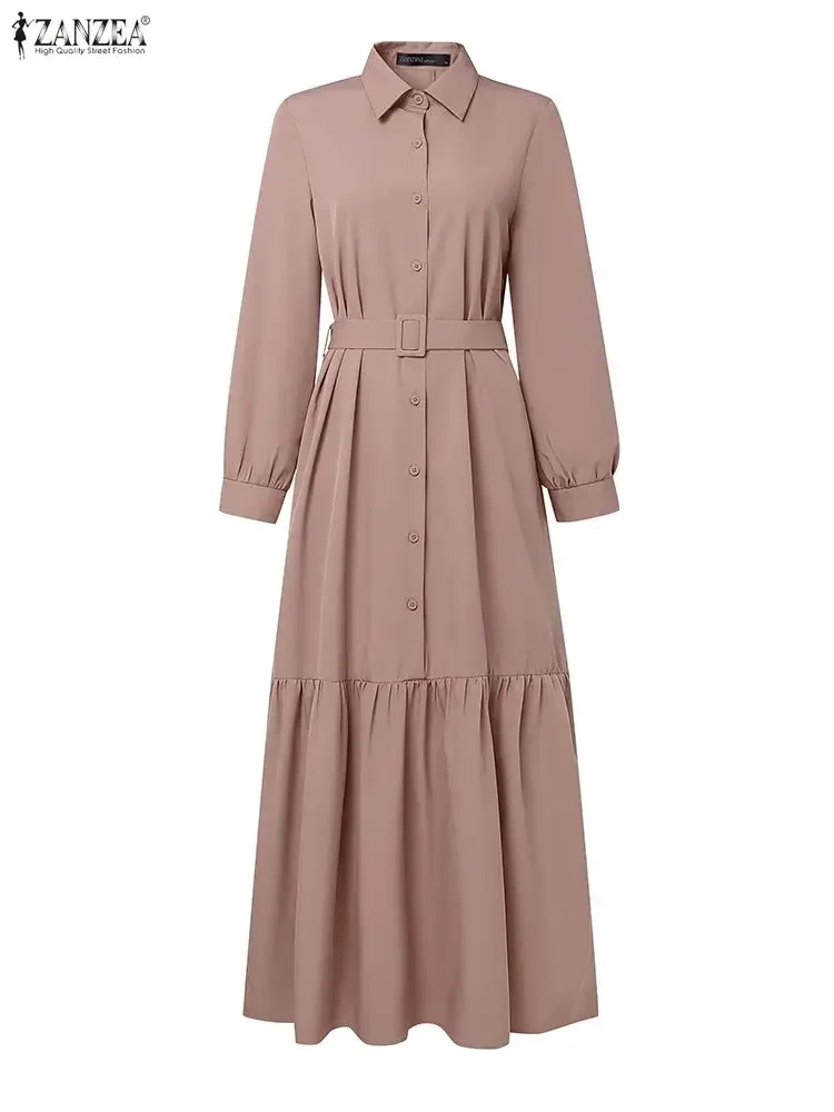 ZANZEA 2025 Eleganckie sukienki biurowe z długim rękawem dla kobiet, długa sukienka maxi na jesień, jednolita, z paskiem, elegancka sukienka z falbanką na dole, sukienki do pracy