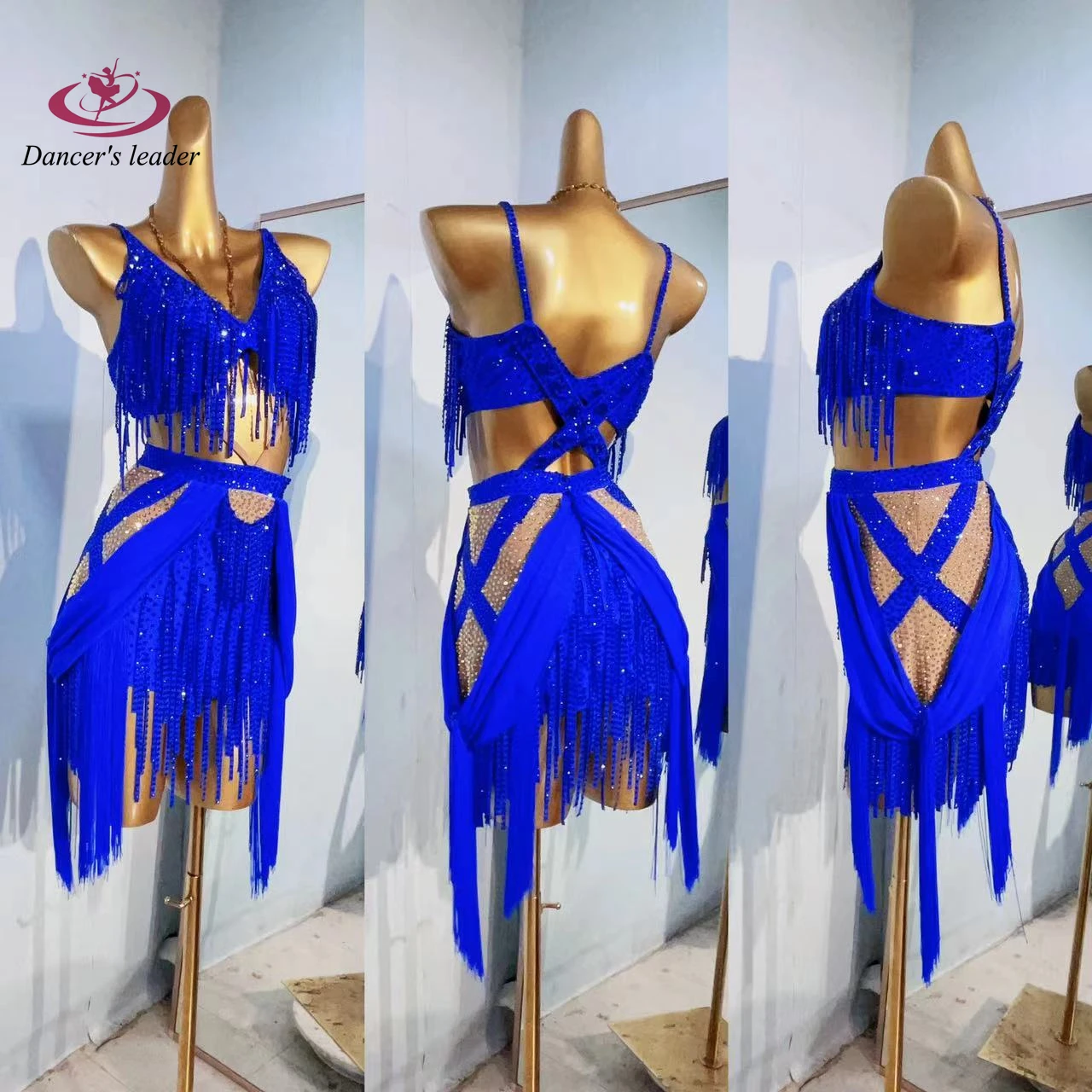 라틴 댄스 무대 여성용 고급 맞춤 허리 노출 태슬 스커트 삼바 아트 공연 라인스톤 의상 드레스