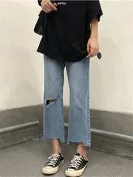 High Waist plus Size Denim Jeans Women's Hole Effect Slimming Straight Leg Trousers Loose Nine Points Wide Leg Pants Autumn