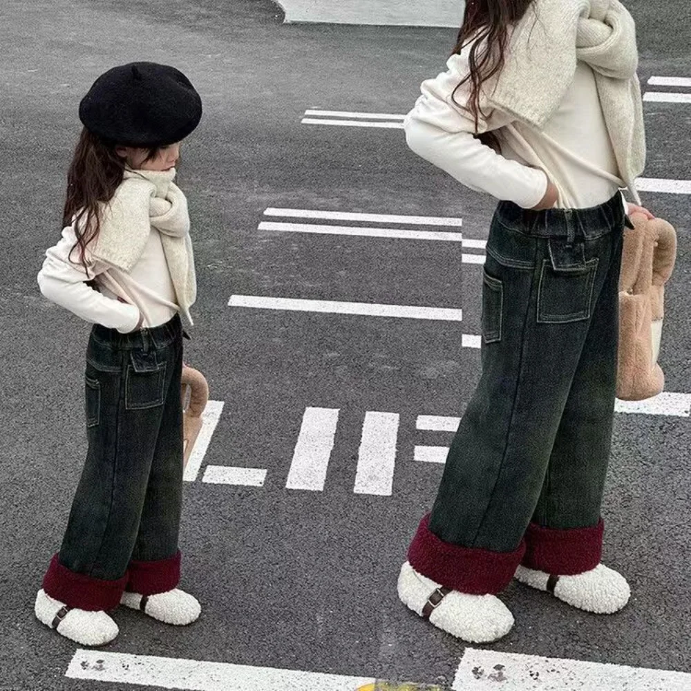 

Girls' Velvet Denim Winter Wear 2025 New Fashionable Children's Thick Trendy Pants Winter Edition