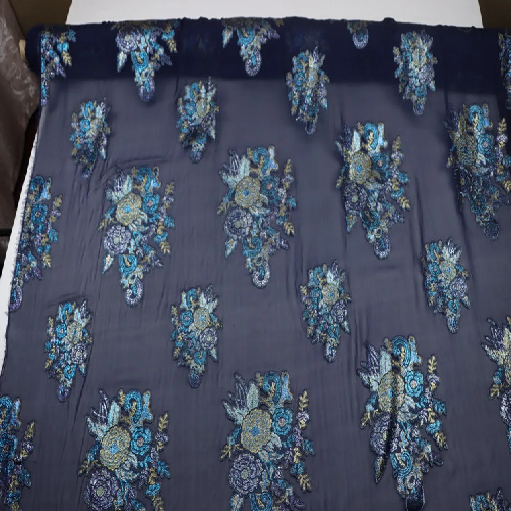 Clear Grain Woven Original Organic Silk Metallic Fabric Lurex Dark Navy Blue for Lady Dress Lining Shirt Pants