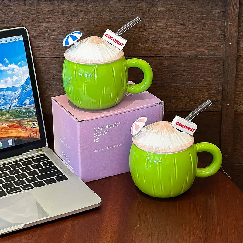 Coconut Shaped Mug Cute Drinking Cup With Lid and Straw Drinkware Ceramic Coffee Cup Funny Cups Beer Mugs Personalized Gift Tea