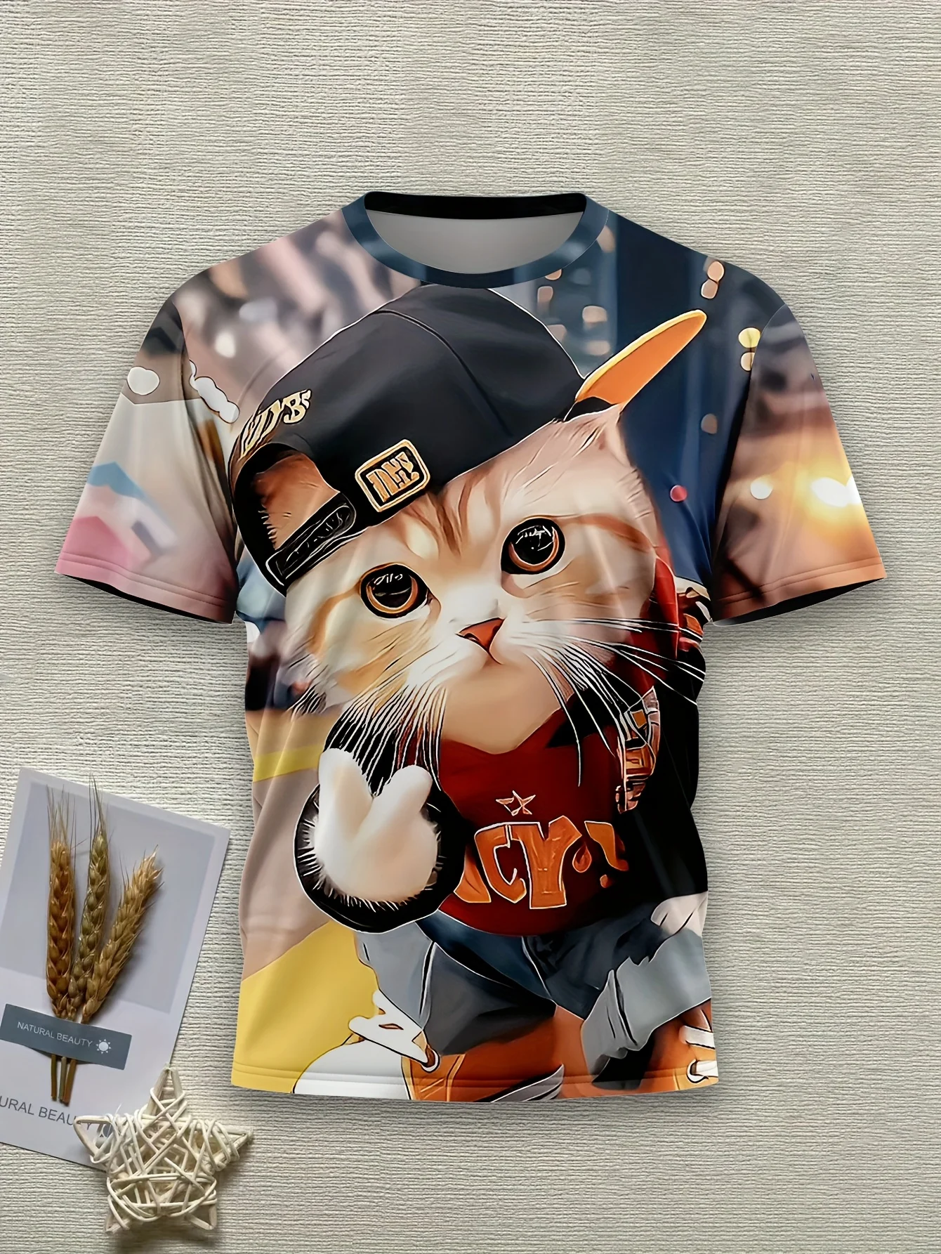 Men's Hip Hop Cute Cat Print T-Shirt Baseball Cap Peace Sign Street Style Crew Neck Top