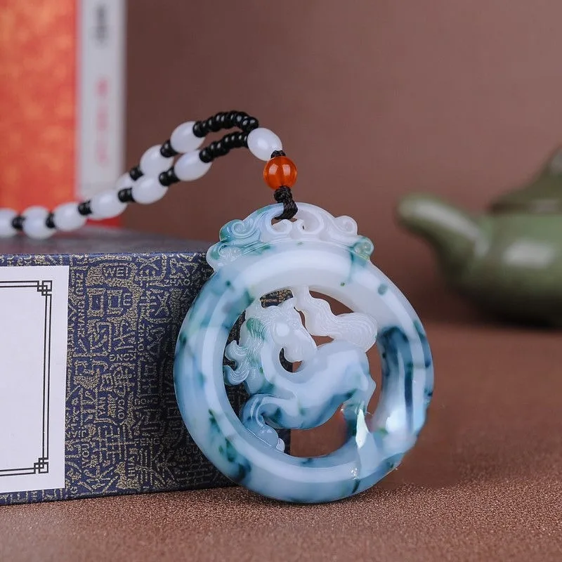 Piaohua Zodiac Horse Blue and White Jade Round Hollow Pendant Men's and Women's Horse Success