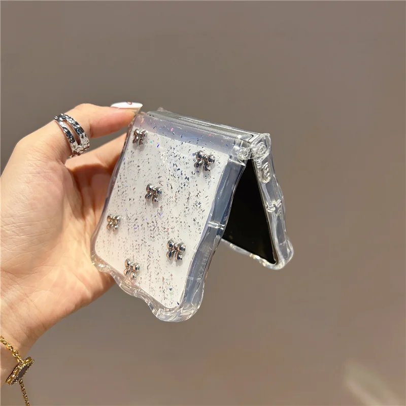 Funda de teléfono ondulada con lazo bonito transparente para Samsung Z Flip 7 6 5 4 3 Flip6 Funda con cadena Kawaii para Galaxy ZFlip7 Flip5 Funda