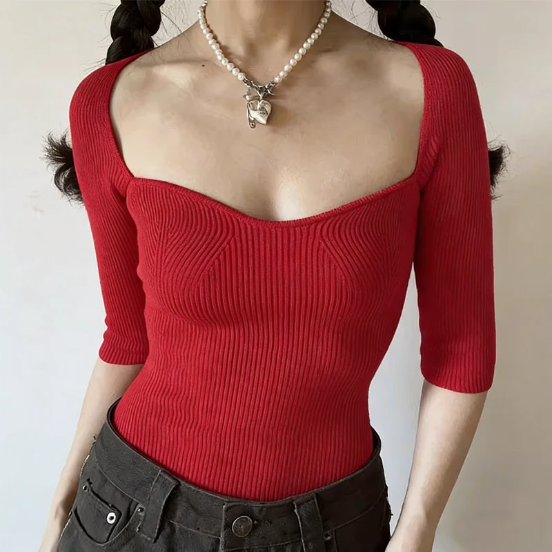 Women's Slinky Knitted Sweetheart Neckline Half Sleeved Top In Rib