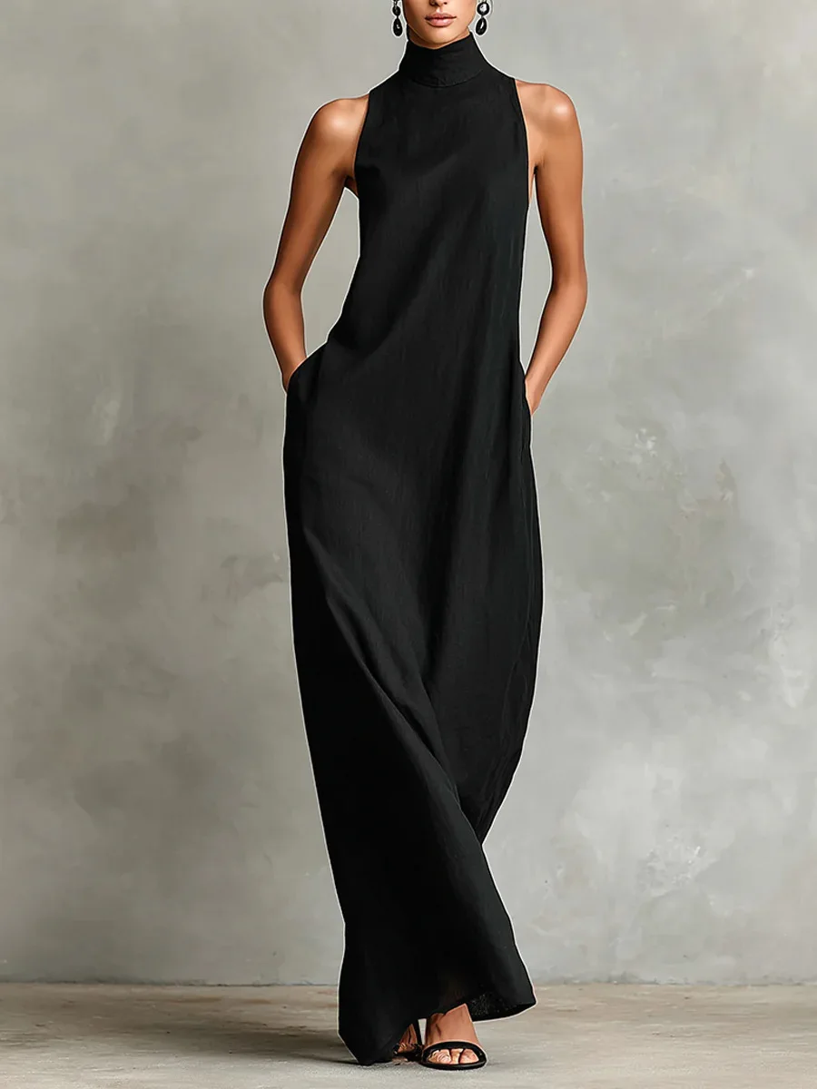 Summer New Boho Dress Fashion Simple Turtleneck Sleeveless Loose Fit Long Dresses Women's Casual Solid Pockets Flowy Maxi Dress