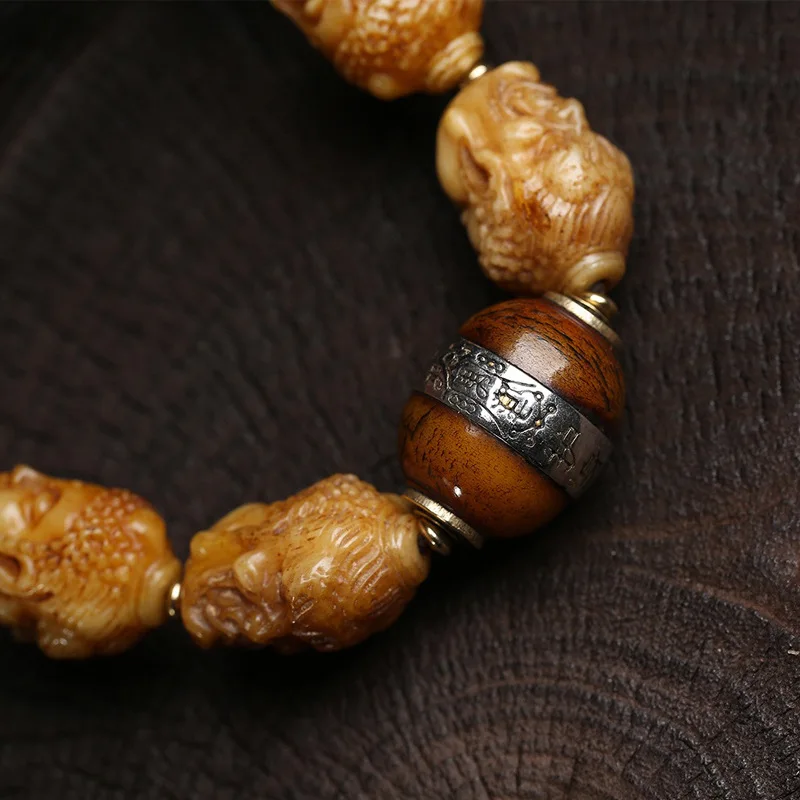 Handheld Tibetan Style Tassel Yak Bone Pixiu Six-Word Mantra Amulet