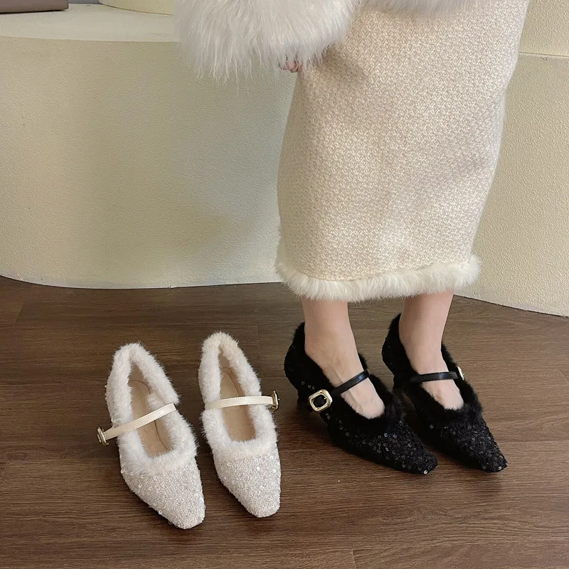 2024 New Style Women Pumps for Women  Wear Cashmere Warm Fine Heel Commuter High Heel Single Shoes