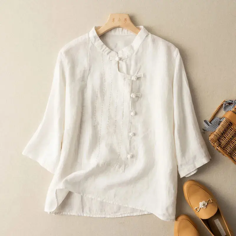 Vintage Ethnic Style Patchwork Loose Cotton Linen Shirt for Women Simple Three Quarter Sleeve Ladies Blouses Tops Clothes 2023