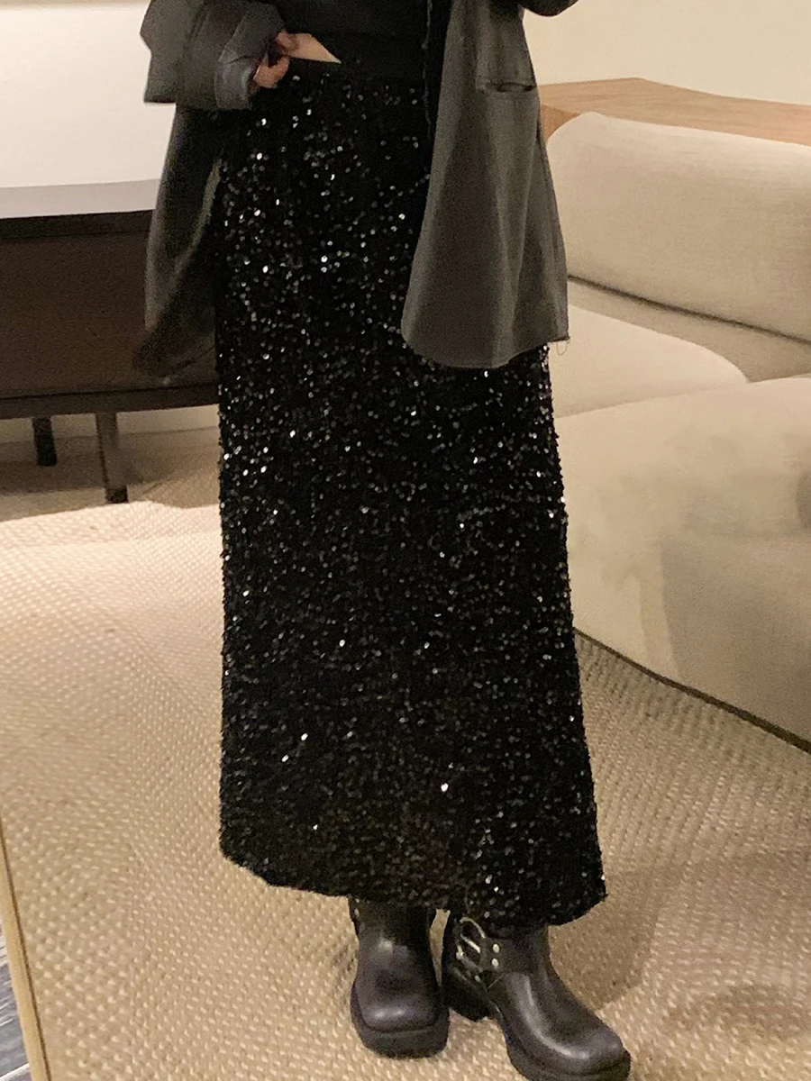 Women Long Skirt Elegant Elastic Waist Shiny Sequins Casual Skirt Streetwear for Daily