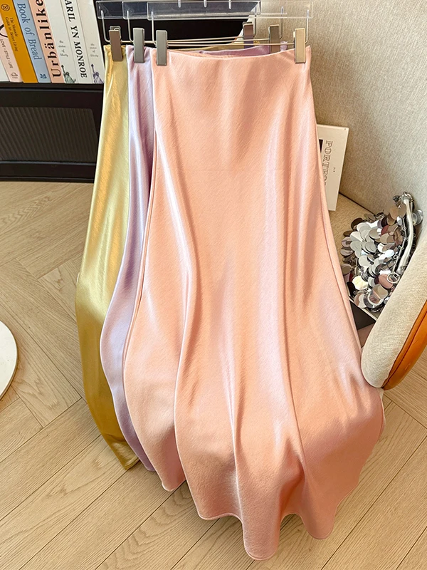 

Fall Pure Color Texture Satin f Skirt Elastic Waist Slimming Smooth Long Skirt Wrap Fi Tail Skirt for plus Size Women