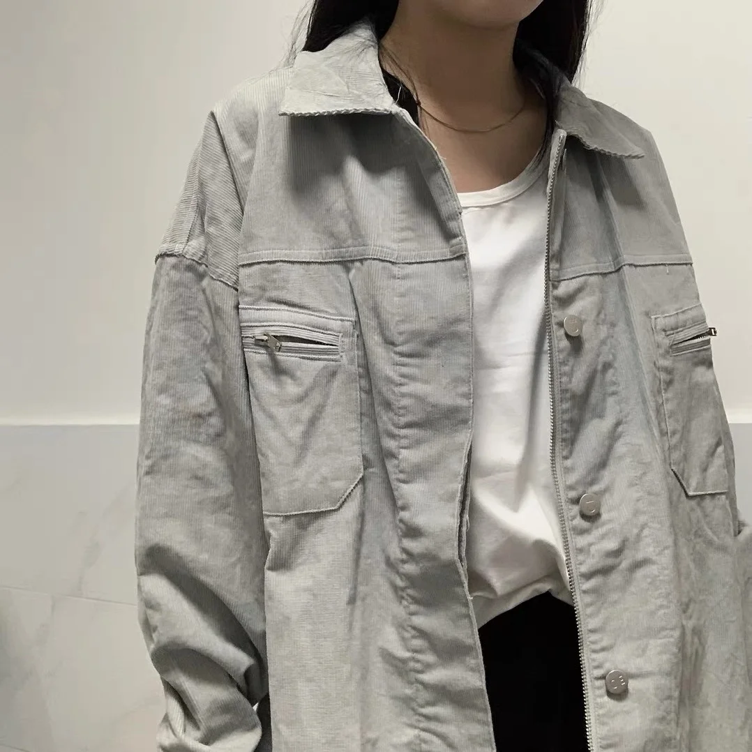 

Retro Waed Corduroy Jaet Zipper Decorated ex Autumn Faion Youth Long Sve Regular Fit Outerwear for Couples