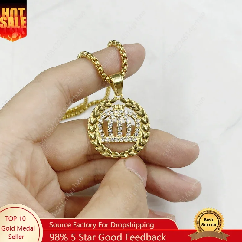 

Золотой цвет Корона кулон ожерелье со стразами для женщин и мужчин ювелирные изделия из нержавеющей стали подарки на день рождения оптом