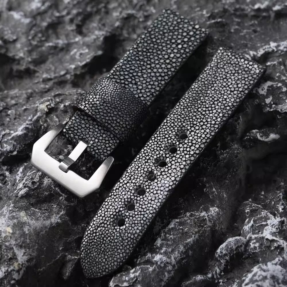 Handmade Pearl Fish Leather Strap 20MM 22MM 24MM Black Gray Soft And Wear-Resistant Men's Watch Accessory Bracelet