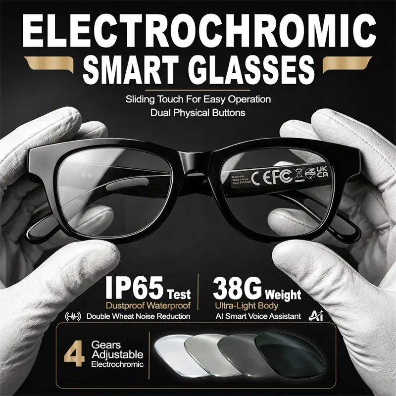 2026 Upgrade Smart Glasses Electrochromic 4-Speed Adjustment 38G Ultra-Light Body IP65 Bluetooth Call AI Assistant Sunglasses