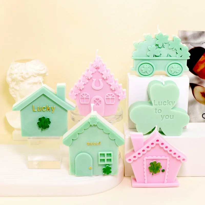 3D St Patricks Day Silicone Candle Mold, 5 Styles Clover Houses Trucks Wax Moulds for DIY Soap Resin Plaster Lucky Home Decors