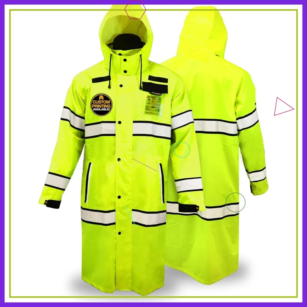 

High Visibility ANSI OSHA Class 3 Rain Jacket & Trench Coat for Safety and Weather Protection