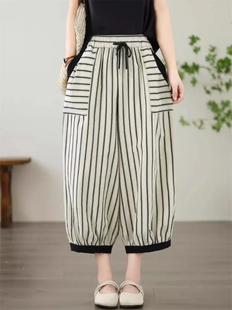 

Vertical Stripe Harem Pants For Women's Summer Loose High Waist Slim Casual Contrast Color Nine Point Lantern Trosuers K1802