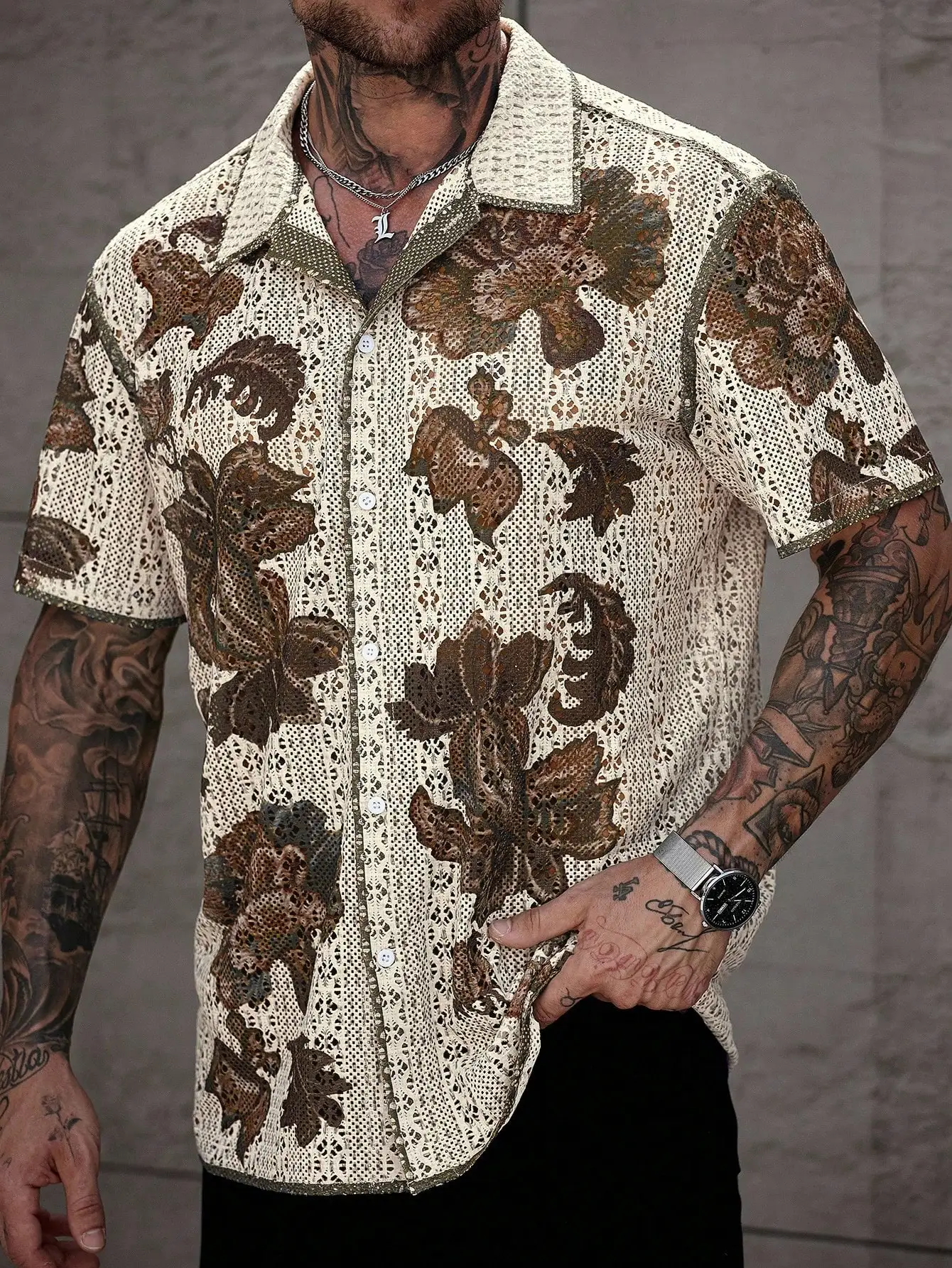 

Men's Summer Floral Lace Knit Button-Front Short Sleeve Shirt