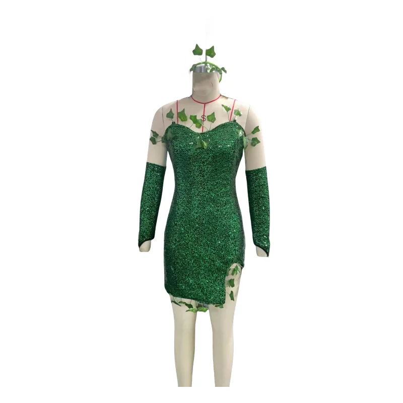 European and American New Cosplay Costumes Adult Green Leaf Sequins Halloween Sexy Beauty Stage Performance Cosplay Costumes